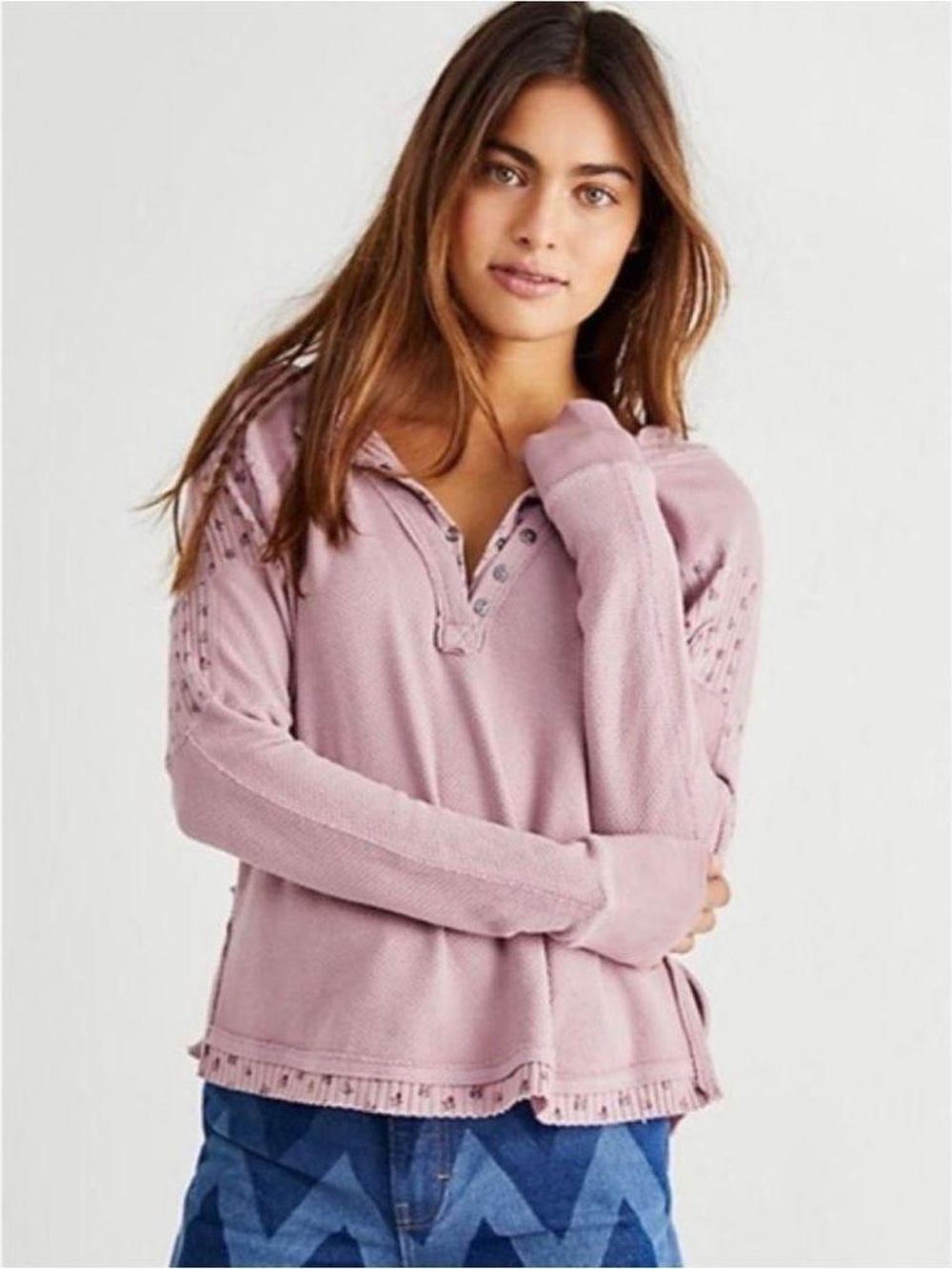 Free People Heart to Heart Thermal Floral Henley Washed Mauve size Medium